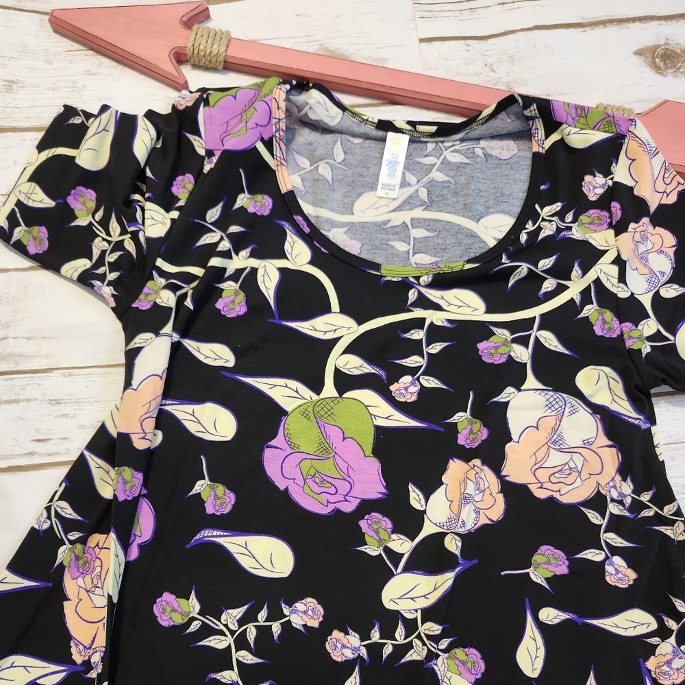 LuLaRoe XS Perfect T NWT - Floral Black  with Purple and Pink Accents
